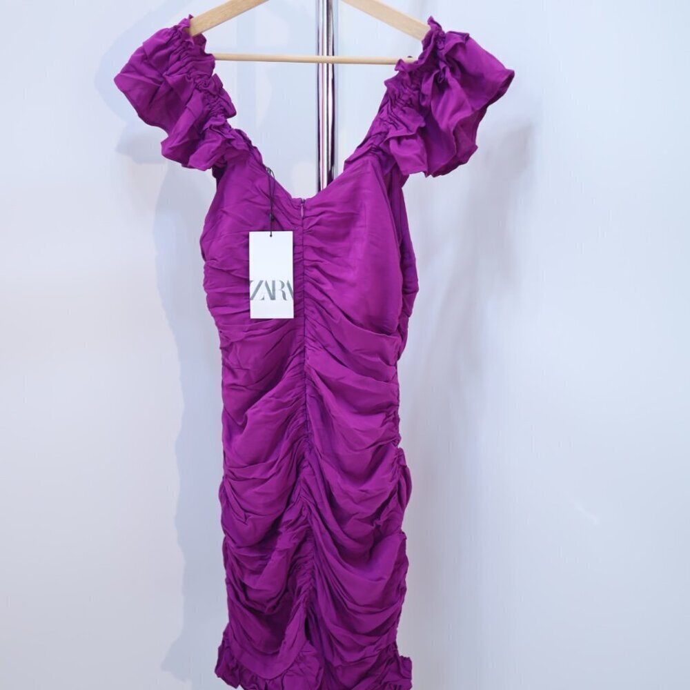 Zara Purple Ruched Ruffle Mini Dress -Sizes S,M NEW WITH TAG! - Picture 5 of 11
